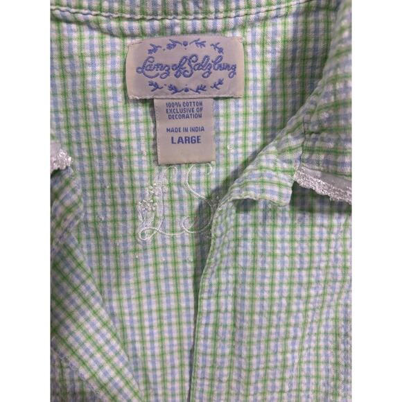 Lanz of Salzburg Green Blue Gingham Seersucker Cotton Pajamas  L Vintage cottage - Picture 8 of 10